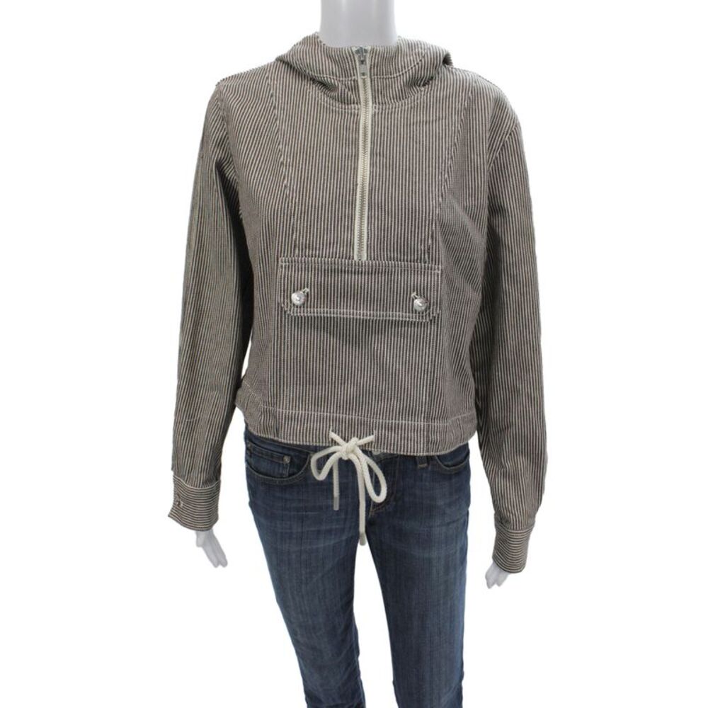 Veronica Beard Women Anorak Jacket Striped Brown Drawstring Long Sleeve Size XS